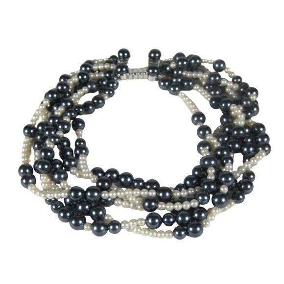 Imitation Pearl Necklace 20  Inch Silvertone Collar Beaded Statement Multi-Stran - Picture 1 of 11
